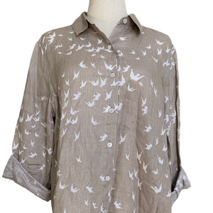 J. Jill Linen Tan and White Bird Pattern Button Down long Sleeve Shirt M